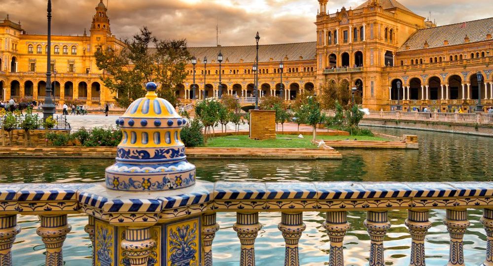 Sunset,At,Spain,Square.,Sevilla,Andalucia.,Spain.